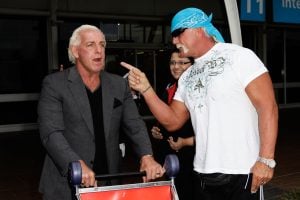 Hulk Hogan and Ric Flair arrive at Sydney Airport, ahead of the Australian Hulkamania tour on November 17, 2009 in Sydney, Australia.