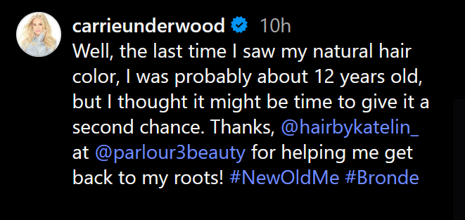 Carrie Underwood discusses hair color in an August 2025 Instagram caption.