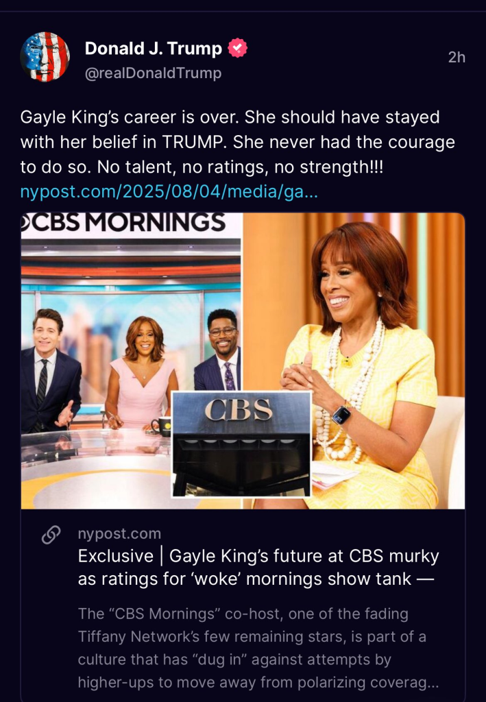 A Truth Social screenshot of Donald Trump pushing for the firing of Gayle King.