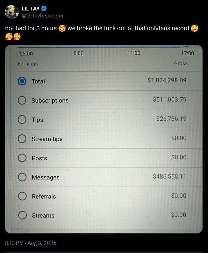 A Lil Tay tweetn screenshot of her OnlyFans earnings, allegedly.