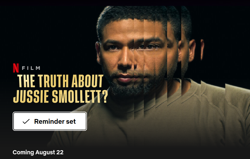 The Netflix promo image for the Jussie Smollett documentary, noting that the release date is August 22.