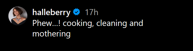 A dark mode Instagram caption reading: "Phewâ€¦! cooking, cleaning, and mothering"