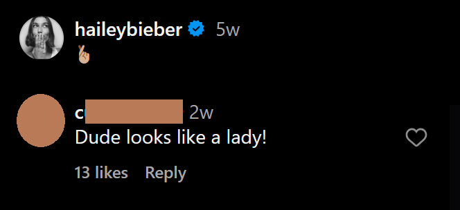 A dark mode screenshot aimed at Hailey Bieber.