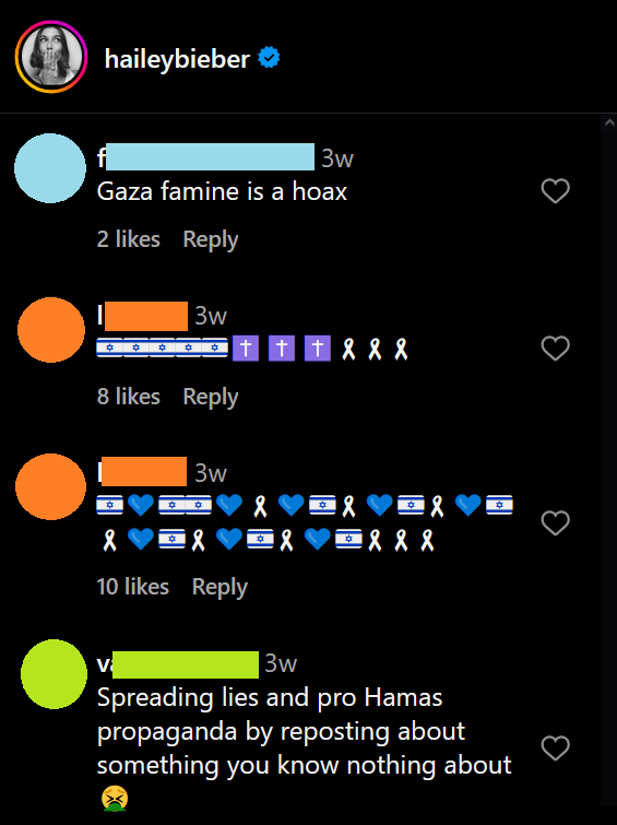 A series of zionist comments harassing Hailey Bieber on Instagram.