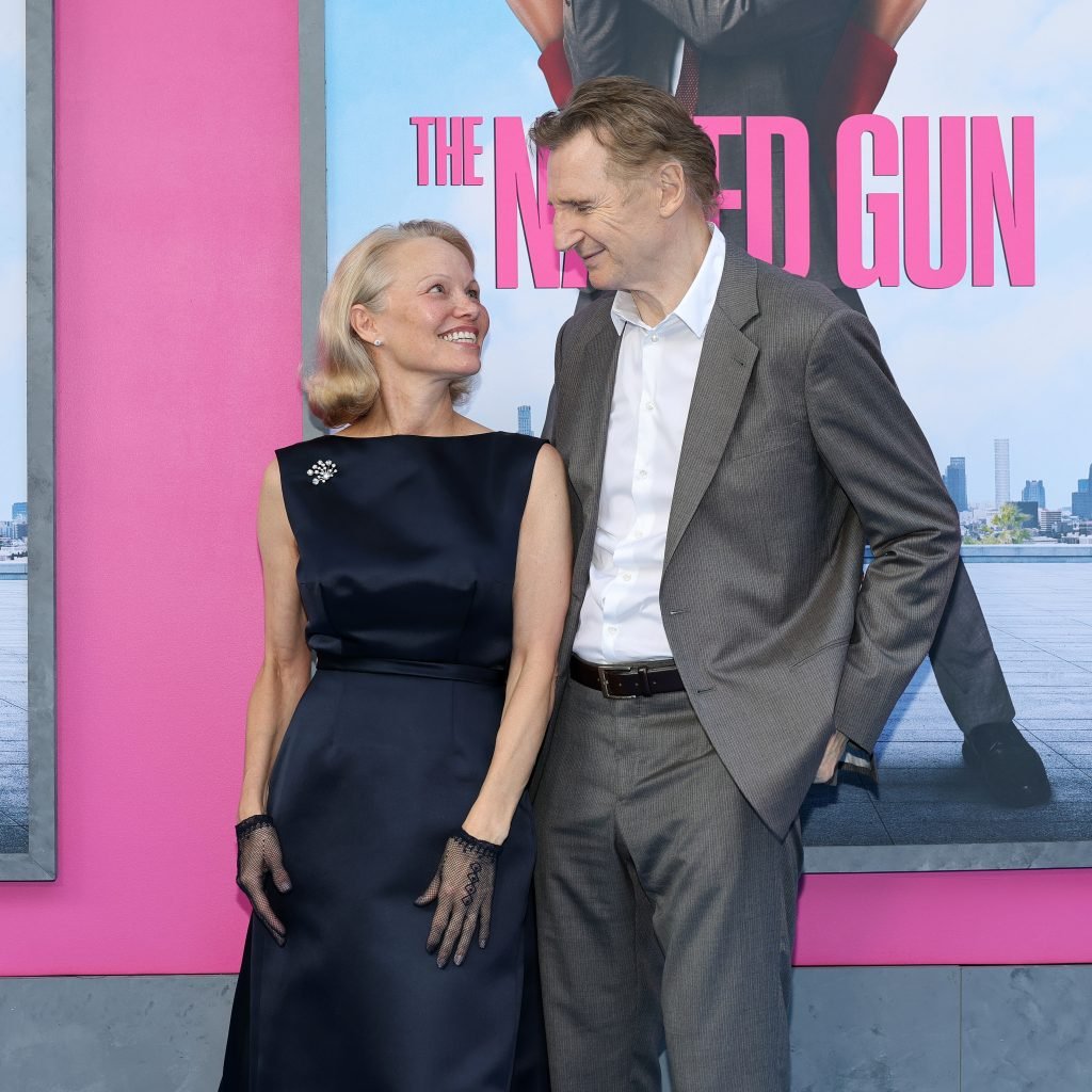 Pamela Anderson and Liam Neeson on July 28, 2025.