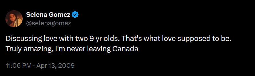 A dark mode screenshot of a Selena Gomez tweet from 2009.