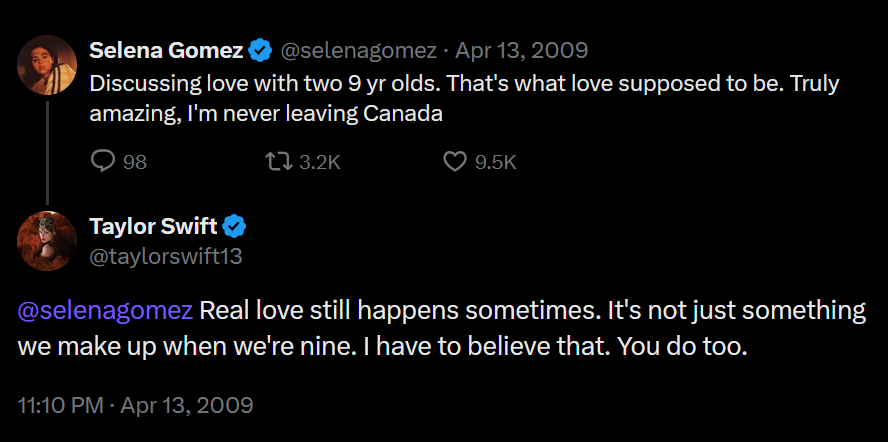 A screenshot of a tweet from Taylor Swift responding to a tweet from Selena Gomez in 2009.