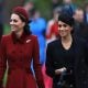 Catherine, Duchess of Cambridge and Meghan, Duchess of Sussex arrive to attend Christmas Day Church service at Church of St Mary Magdalene on the Sandringham estate on December 25, 2018 in King's Lynn, England.
