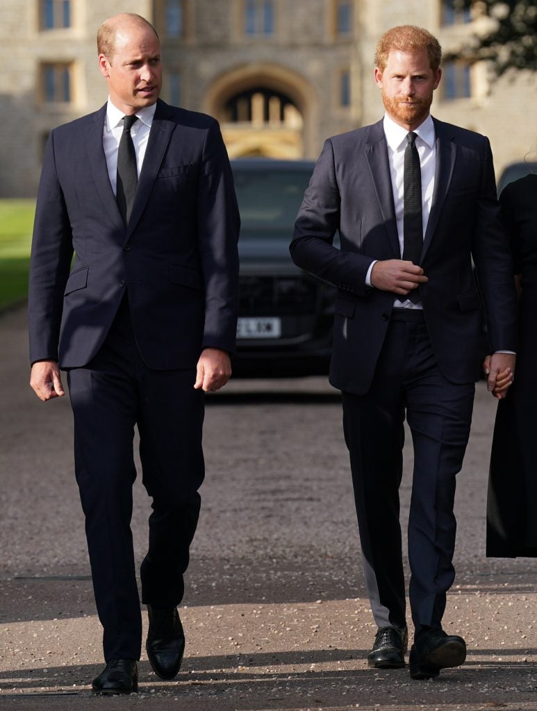 El príncipe William, Príncipe de Gales y el Príncipe de Gales y el Príncipe Harry, duque de Sussex corren juntos para conocer a los miembros del Long Walk in Windsar elenco, Inglaterra, Windsor elenco, el 10 de septiembre de 2022.