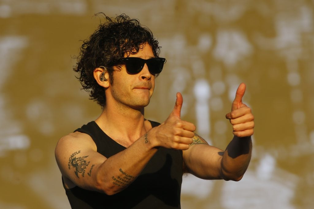 Matty Healy of The 1975 performs during the closing day of Lollapalooza Chile 2023 at Parque Cerrillos on March 19, 2023 in Santiago, Chile. 