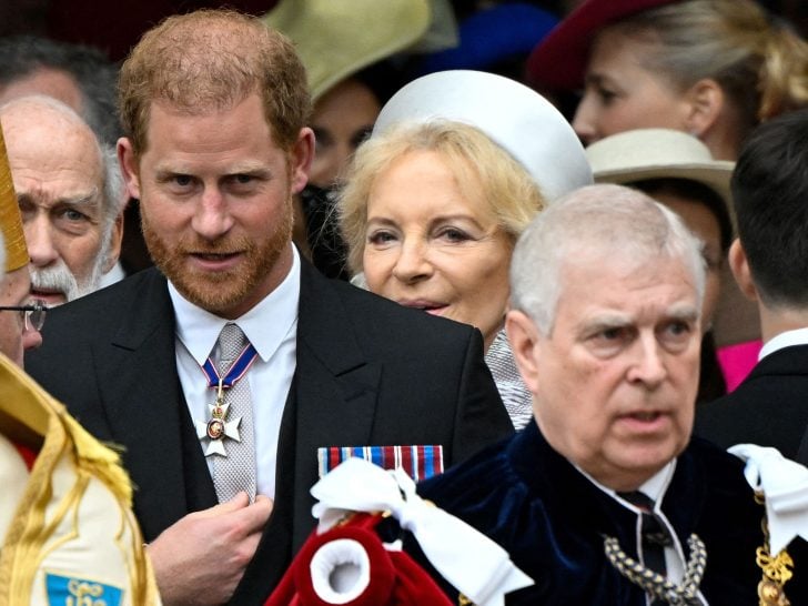 Britain's Prince Harry, Duke of Sussex and Britain's Prince Andrew, Duke of York leave after attending the coronations of Britain's King Charles III and Britain's Camilla, Queen Consort, at Westminster Abbey in central London on May 6, 2023.