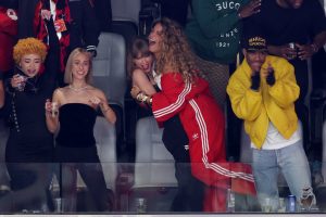 Rapper Ice Spice, Donna Kelce, singer Taylor Swift and actress Blake Lively react in the second quarter of Super Bowl LVIII between the San Francisco 49ers and Kansas City Chiefs at Allegiant Stadium on February 11, 2024 in Las Vegas, Nevada.
