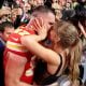 Travis Kelce #87 of the Kansas City Chiefs kisses Taylor Swift after defeating the San Francisco 49ers 25-22 during Super Bowl LVIII at Allegiant Stadium on February 11, 2024 in Las Vegas, Nevada.