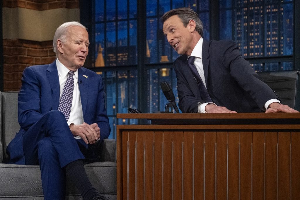 US President Joe Biden speaks with host Seth Meyers during a taping of "Late Night with Seth Meyers" in New York City on February 26, 2024.