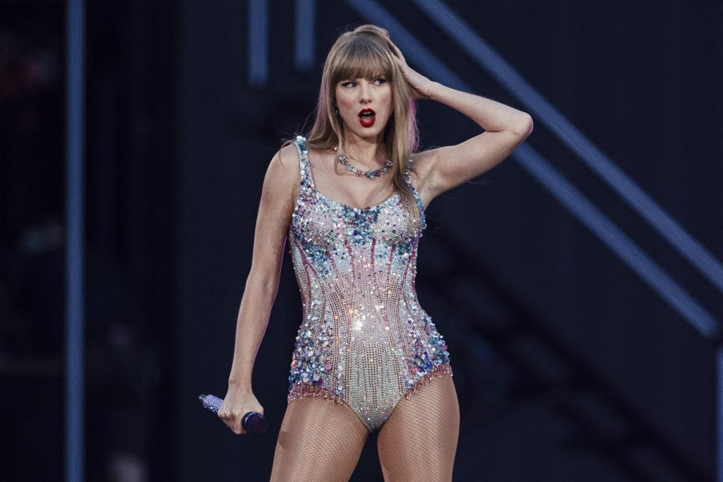 American singer and songwriter Taylor Swift performs on stage as part of her Eras Tour in Lisbon on May 24, 2024. 