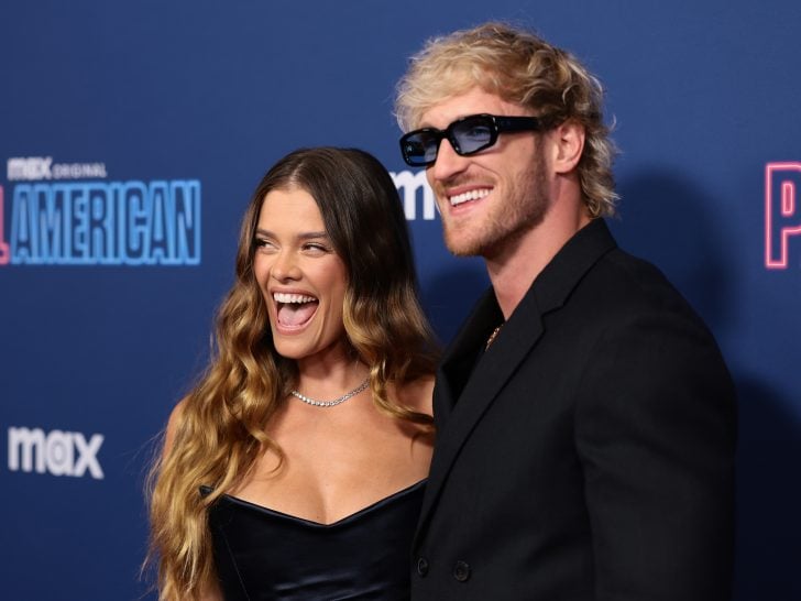 Nina Agdal and Logan Paul attend Max's "Paul American" premiere on March 26, 2025 in New York City.