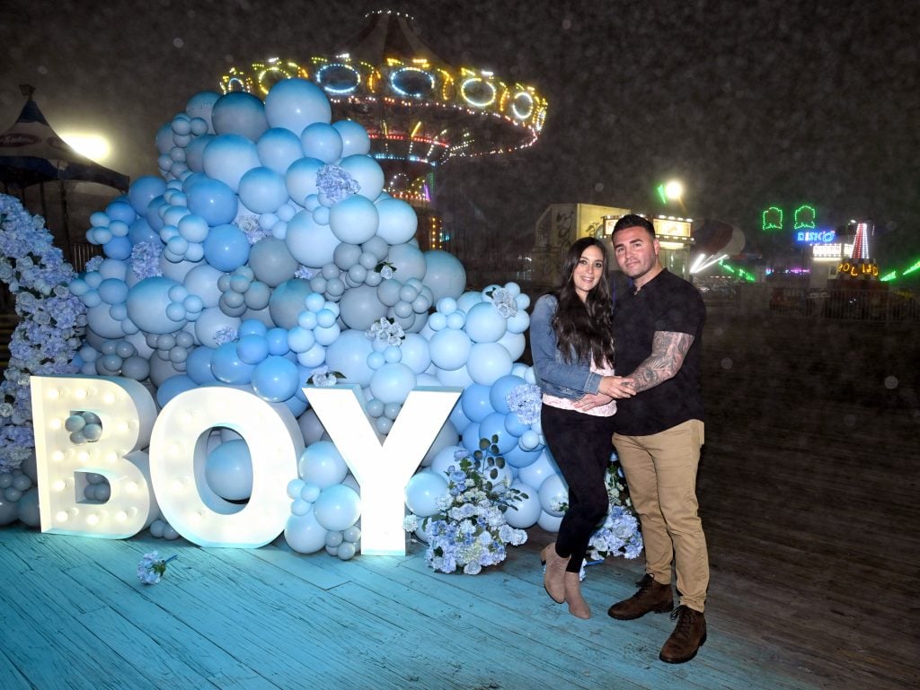 Sammi Giancola and Justin May attend Sammi Giancola's gender reveal with MTV's Jersey Shore cast at Lobster Lounge on May 15, 2025 in Seaside Heights, New Jersey.