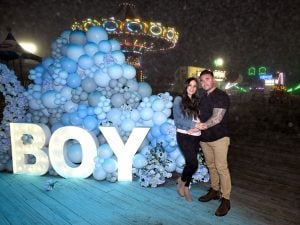 Sammi Giancola and Justin May attend Sammi Giancola's gender reveal with MTV's Jersey Shore cast at Lobster Lounge on May 15, 2025 in Seaside Heights, New Jersey.