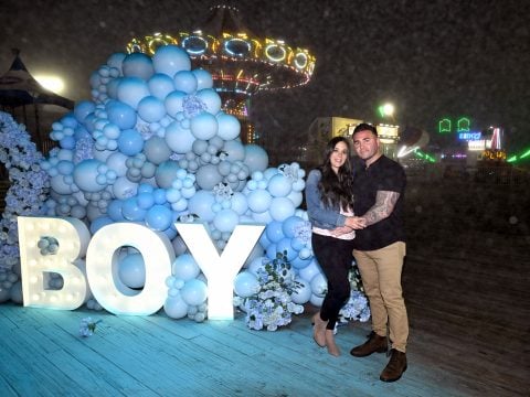 Sammi Giancola and Justin May attend Sammi Giancola's gender reveal with MTV's Jersey Shore cast at Lobster Lounge on May 15, 2025 in Seaside Heights, New Jersey.