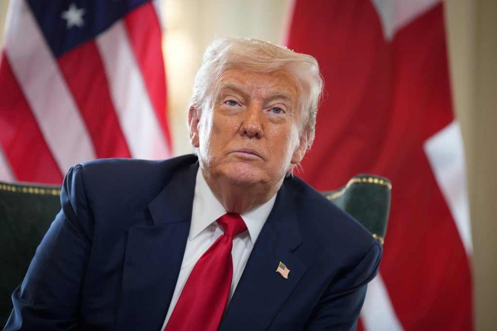 U.S. President Donald Trump talks to the media as he meets with British Prime Minister Keir Starmer (not pictured) at Trump Turnberry golf club on July 28, 2025 in Turnberry, Scotland.