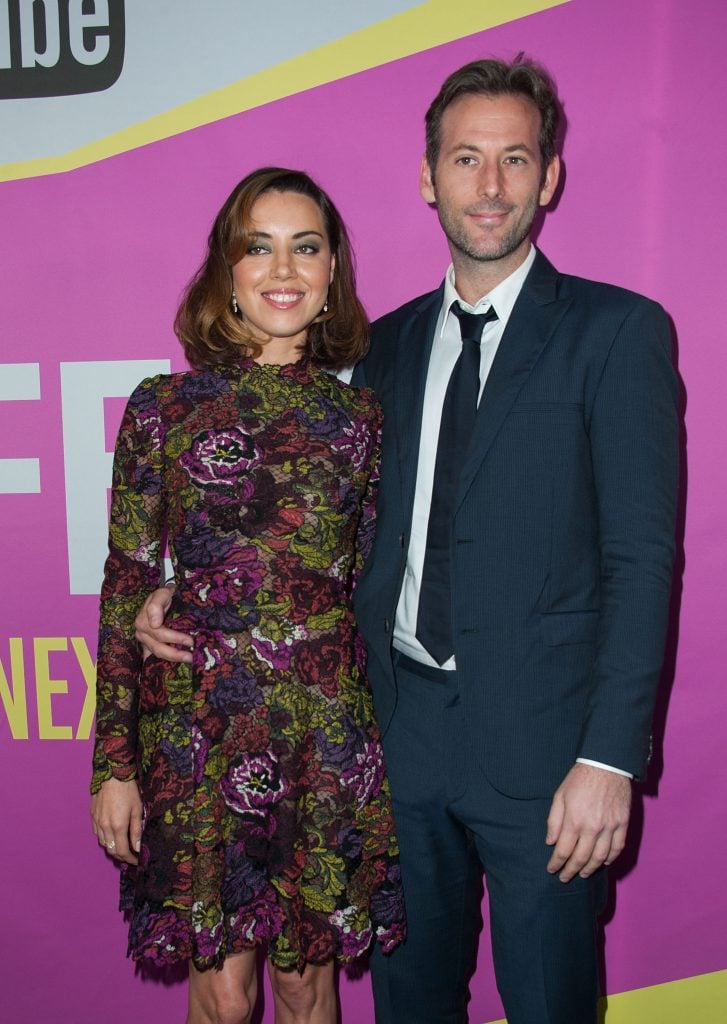 Actors  Aubrey Plaza and  Jeff Baena arrives at Sundance NextFest Film Festival Premiere Of "Life After Beth" at The Theatre At The Ace Hotel on August 8, 2014 in Los Angeles, California. 