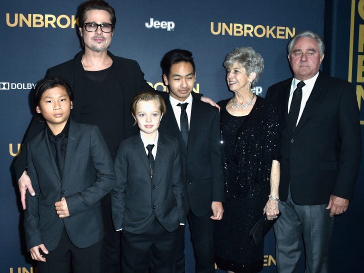 Actor Brad Pitt (C), (L-R) Pax Thien Jolie-Pitt, Shiloh Nouvel Jolie-Pitt,, Maddox Jolie-Pitt, Jane Pitt, and William Pitt arrive at the Premiere Of Universal Studios' "Unbroken" at TCL Chinese Theatre on December 15, 2014 in Hollywood, California.