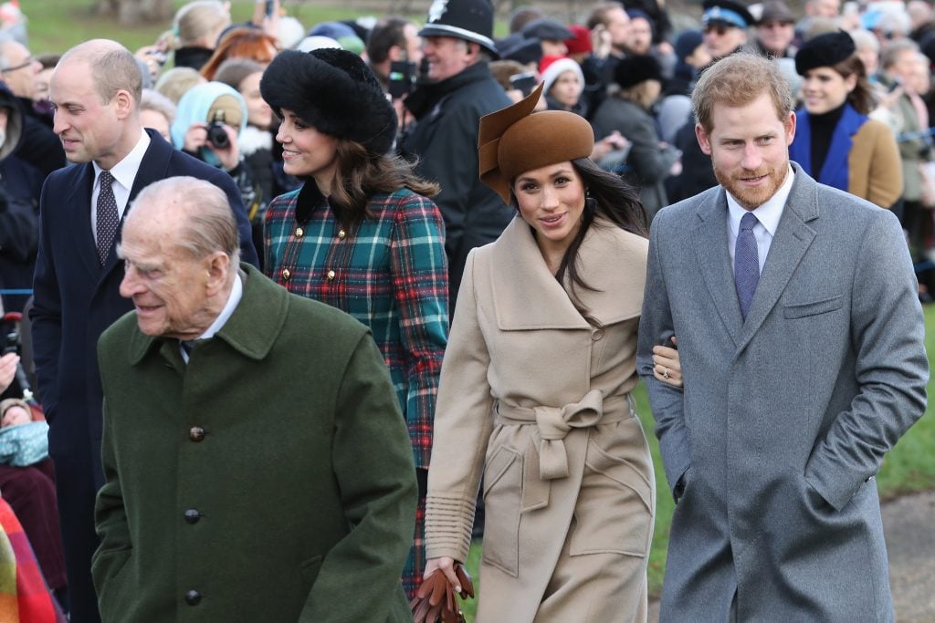 Prince William, Duke of Cambridge, Prince Philip, Duke of Edinburgh, Catherine, Duchess of Cambridge, Meghan Markle and Prince Harry attend Christmas Day Church service at Church of St Mary Magdalene on December 25, 2017 in King's Lynn, England. 