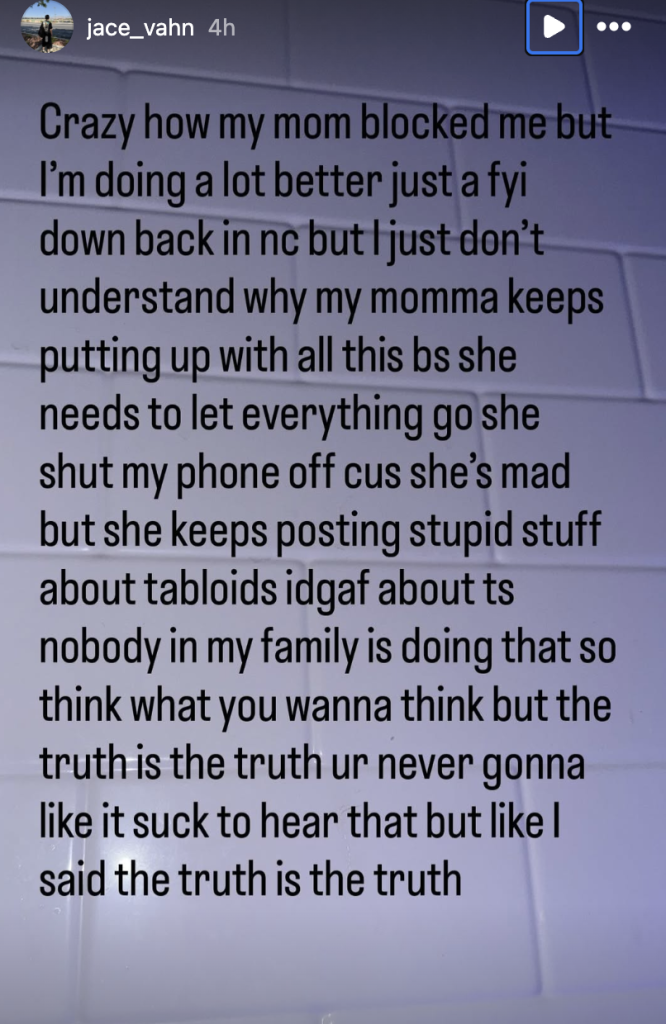 One of Jace's Instagram Stories on the subject of his mother.