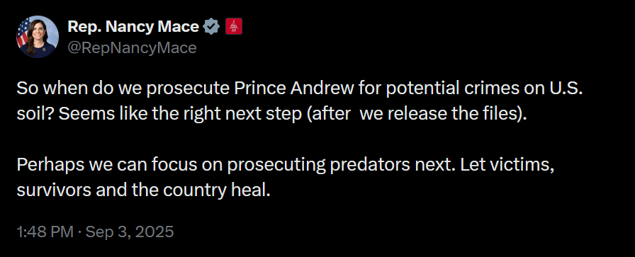 A dark mode tweet of Nancy Mace calling for the prosecution of Prince Andrew.