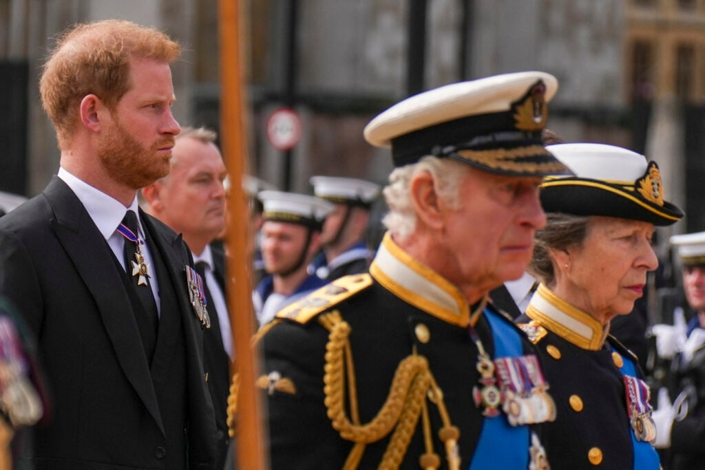 King Charles and Prince Harry in a royal funeral procession.