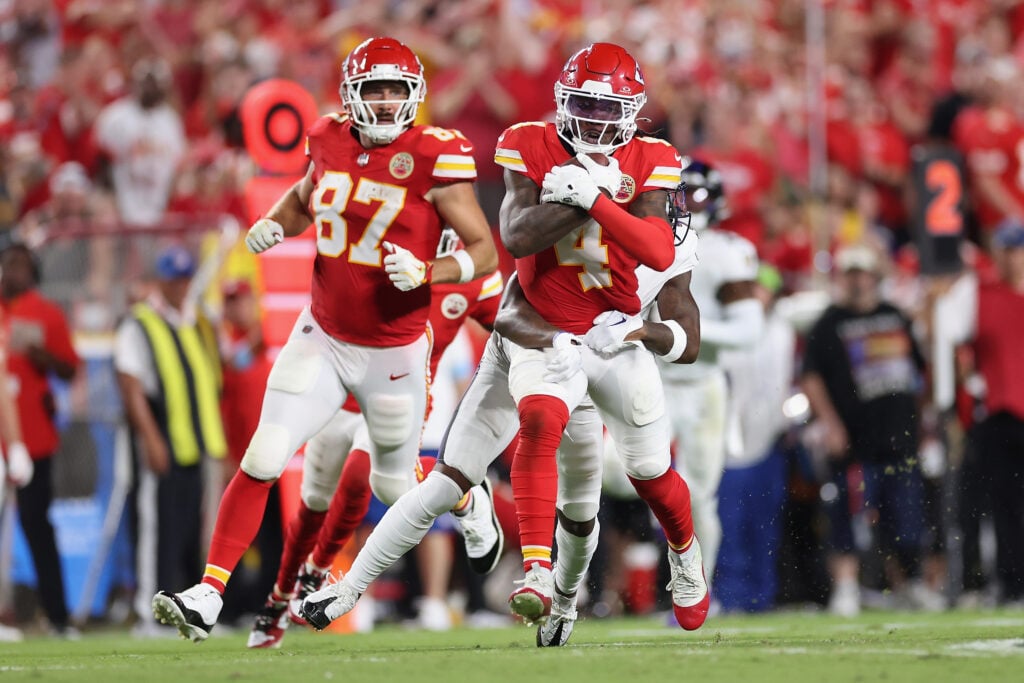 Rashee Rice and Travis Kelce on the sportsball field.