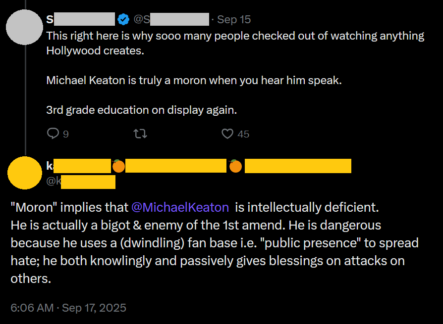 Black mode scanner of two Tweets and usernames and handles are organized.