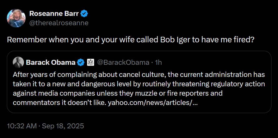 A dark mode Twitter screenshot of Roseanne Barr quote-tweeting President Barack Obama.