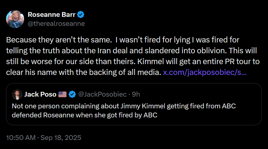 Roseanne Barr quote-tweets Jack Posobiec in a dark mode twitter screenshot from September 2025.