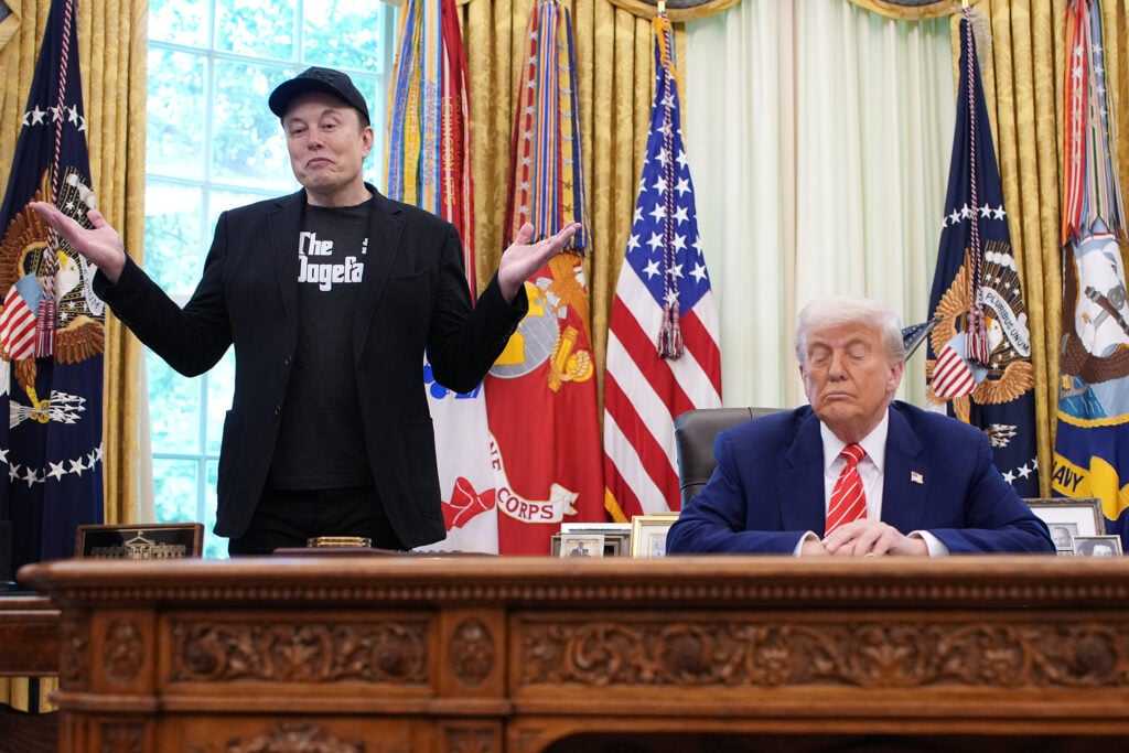 Elon Musk rambles while Donald Trump appears to nod off in the Oval Office in 2025.