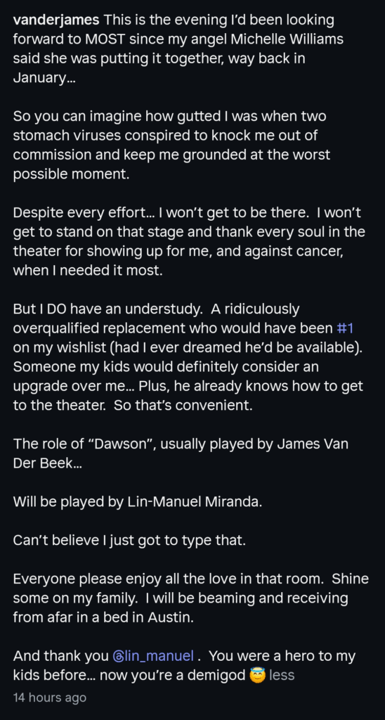 A dark mode screenshot of James Van Der Beek's lengthy Instagram caption.