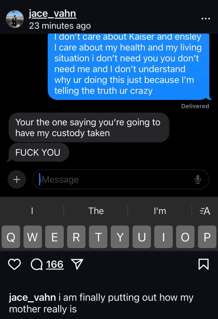 Screenshots of texts between Jace Evans and Jenelle Evans in September 2025.
