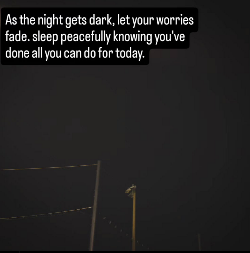 A test post: "As the night gets dark, let your worries fade. Sleep peacefully knowing all you can do for today." Jace Evans shared this to Instagram in September 2025.