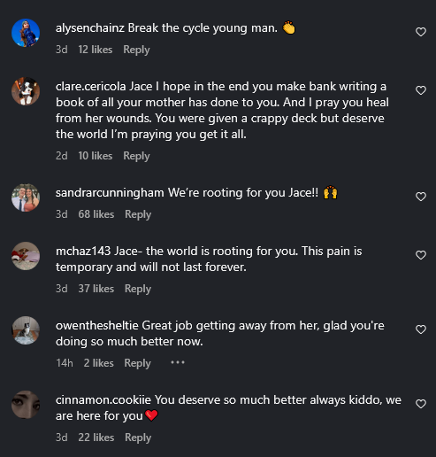A series of Instagram comments supporting Jace Evans in September 2025.