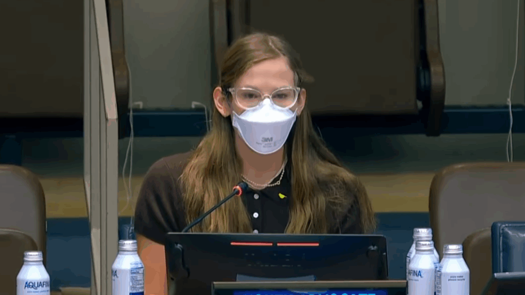 Violet Affleck addresses the UN in September 2025.