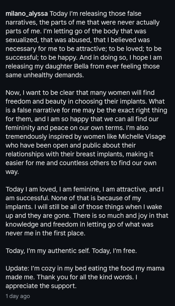A lengthy dark mode Instagram caption from Alyssa Milano.