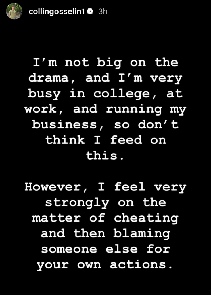 A screenshot of Collin Gosselin's Instagram Story text post, Part 3 of 4.