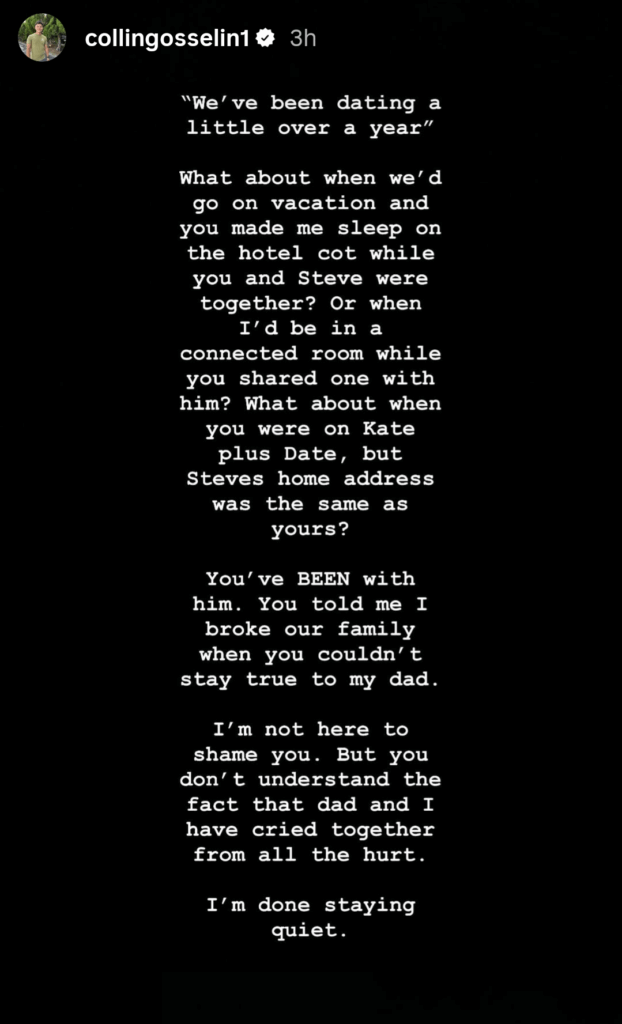 A screenshot of Collin Gosselin's Instagram Story text post, Part 1 of 4.