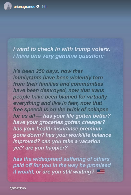 An Ariana Grande Instagram Story text post with pink and blue background, re-shared from Matt Bernstein.