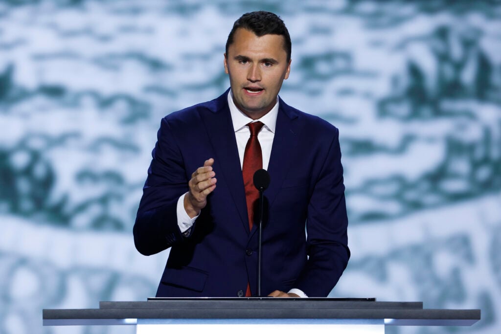 CEO of Turning Point USA Charlie Kirk speaks on stage on the first day of the Republican National Convention at the Fiserv Forum on July 15, 2024 in Milwaukee, Wisconsin. Delegates, politicians, and the Republican faithful are in Milwaukee for the annual convention, concluding with former President Donald Trump accepting his party's presidential nomination.