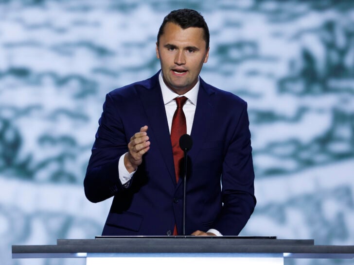 CEO of Turning Point USA Charlie Kirk speaks on stage on the first day of the Republican National Convention at the Fiserv Forum on July 15, 2024 in Milwaukee, Wisconsin. Delegates, politicians, and the Republican faithful are in Milwaukee for the annual convention, concluding with former President Donald Trump accepting his party's presidential nomination.