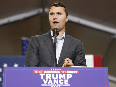 Charlie Kirk, who founded Turning Point USA, speaks before Republican vice presidential nominee U.S. Sen. JD Vance (R-OH) gives remarks at a campaign rally at Arizona Christian University on July 31, 2024 in Glendale, Arizona.