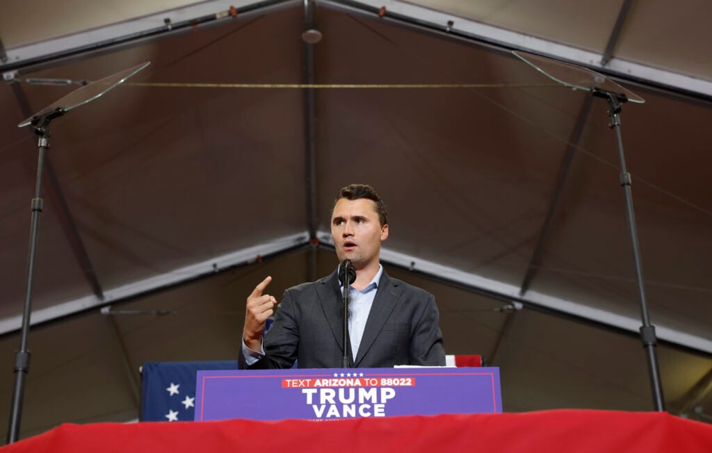Charlie Kirk, who founded Turning Point USA, speaks before Republican vice presidential nominee U.S. Sen. JD Vance (R-OH) gives remarks at a campaign rally at Arizona Christian University on July 31, 2024 in Glendale, Arizona.