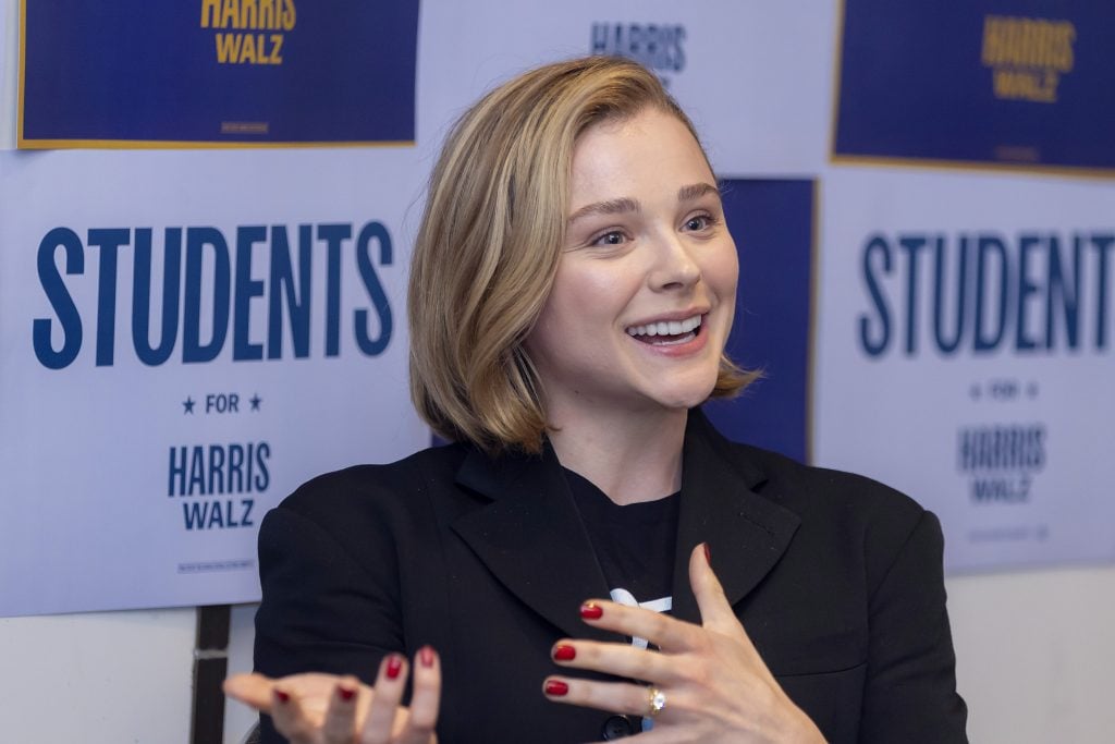 Chloë Grace Moretz speaks at Emory University to rally young voters for Harris-Walz on October 04, 2024 in Atlanta, Georgia.