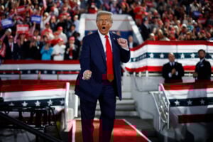 Republican presidential nominee, former President Donald Trump dances off stage at the conclusion of a campaign rally at the J.S. Dorton Arena on November 04, 2024 in Raleigh, North Carolina.